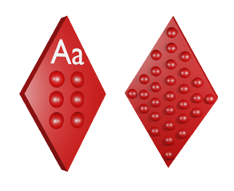 Vowel tokens showing different textures and Braille letters for tactile interaction