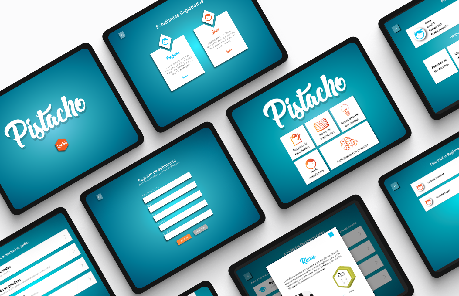 Interface mockups showing different screens of the Pistacho application on multiple iPad devices